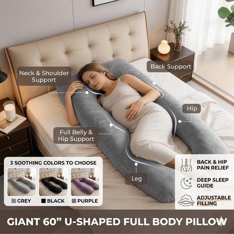Premium U-Shaped Pregnancy Pillow | Full Body Maternity Support Pillow with Soft Velvet Washable Cover | 152.4cm