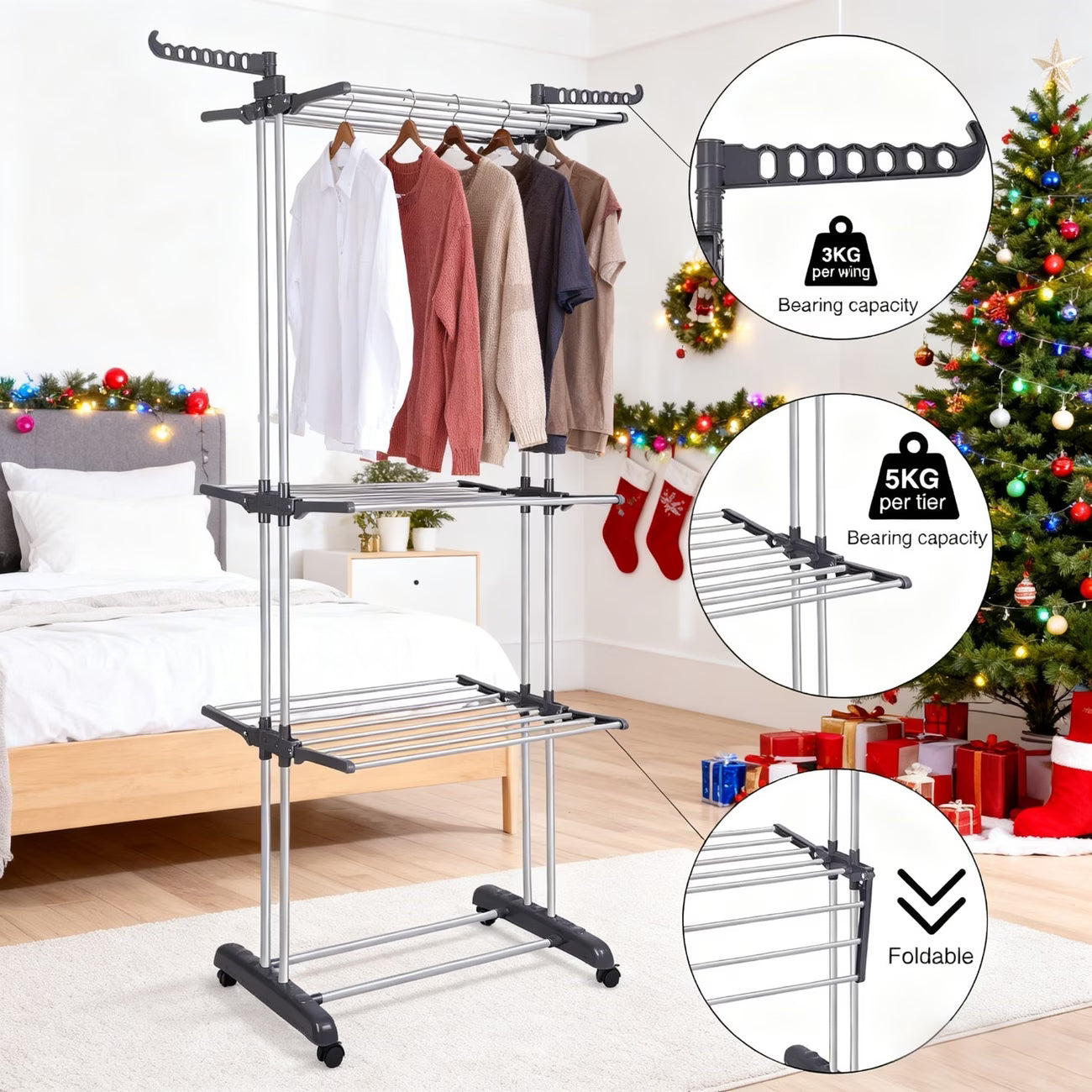 4-Tier Foldable Clothes Drying Rack – Heavy-Duty Metal Laundry Airer with Foldable Wings | Space-Saving Indoor & Outdoor Drying Stand