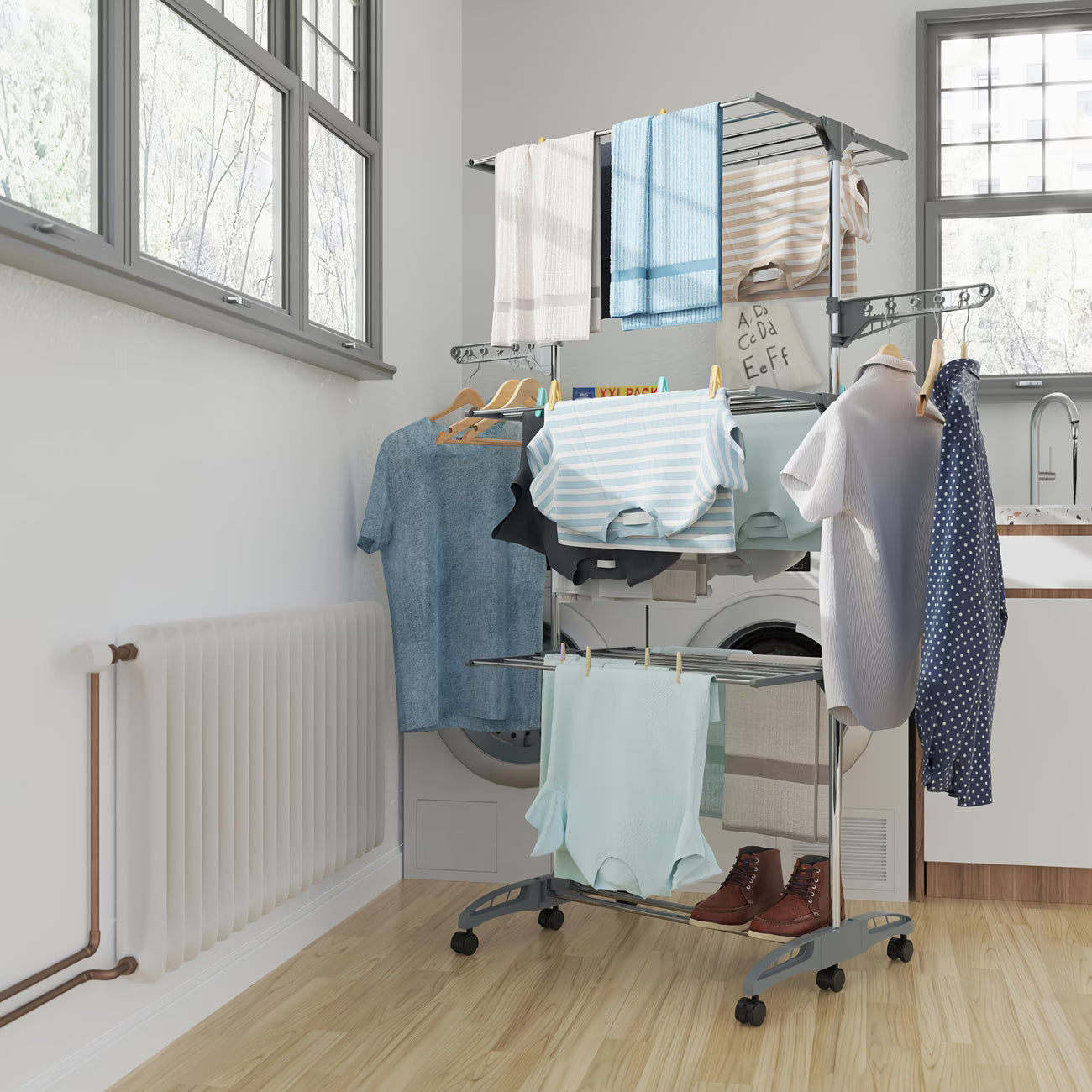 4-Tier Foldable Clothes Drying Rack – Heavy-Duty Metal Laundry Airer with Foldable Wings | Space-Saving Indoor & Outdoor Drying Stand