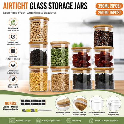 Premium 10-Piece Airtight Glass Storage Jar Set with Bamboo Lids | Kitchen Pantry Organization Containers | Includes Labels & Measuring Spoon