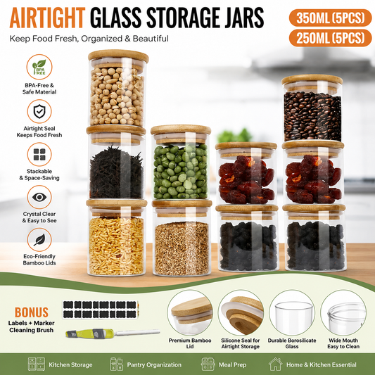 Premium 10-Piece Airtight Glass Storage Jar Set with Bamboo Lids | Kitchen Pantry Organization Containers | Includes Labels & Measuring Spoon