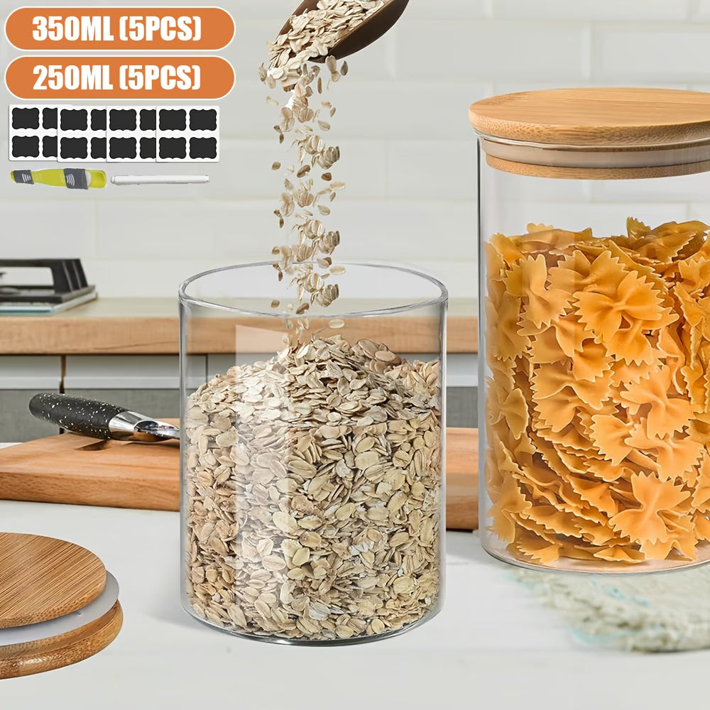 Premium 10-Piece Airtight Glass Storage Jar Set with Bamboo Lids | Kitchen Pantry Organization Containers | Includes Labels & Measuring Spoon
