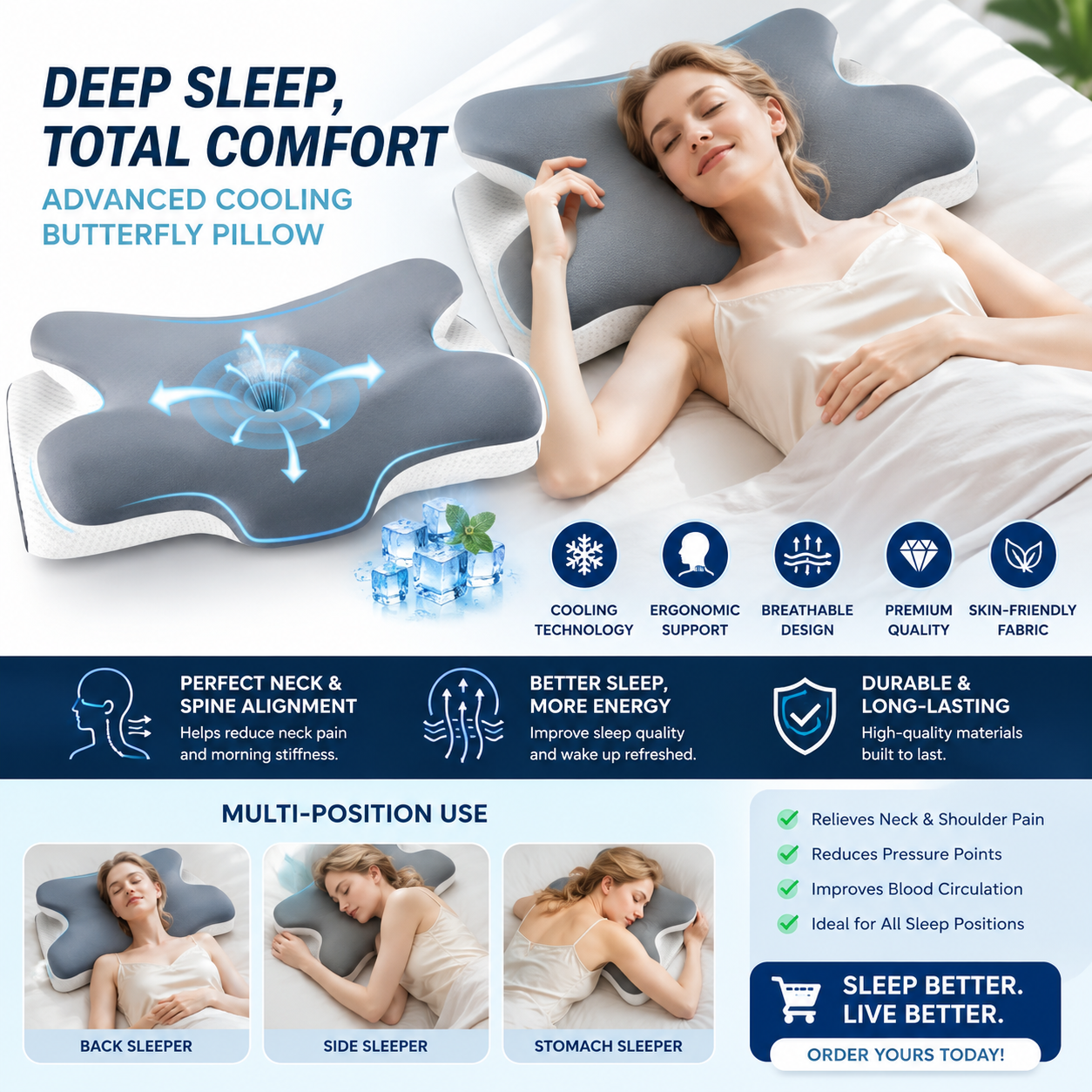 Cooling Butterfly Contour Memory Foam Pillow | Ergonomic Cervical Neck Support for Deep & Pain-Free Sleep