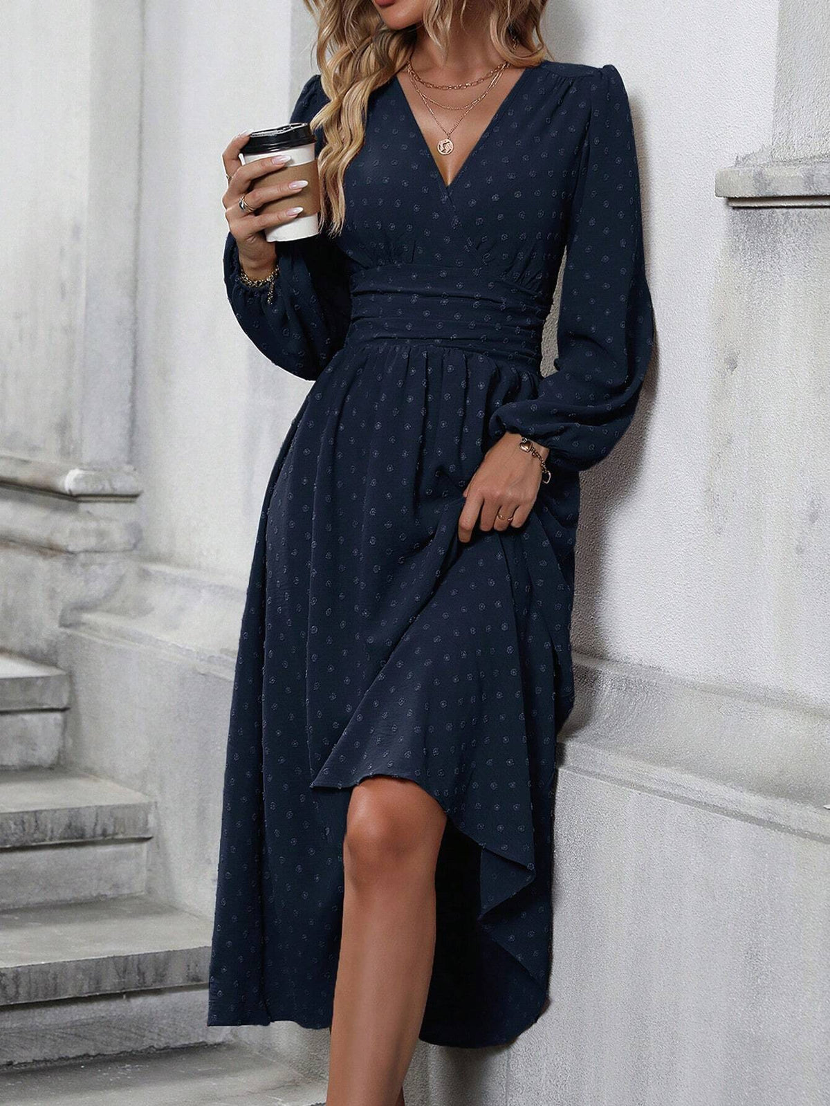 medium fur ball diagonal collar lantern sleeve pleated waist dress