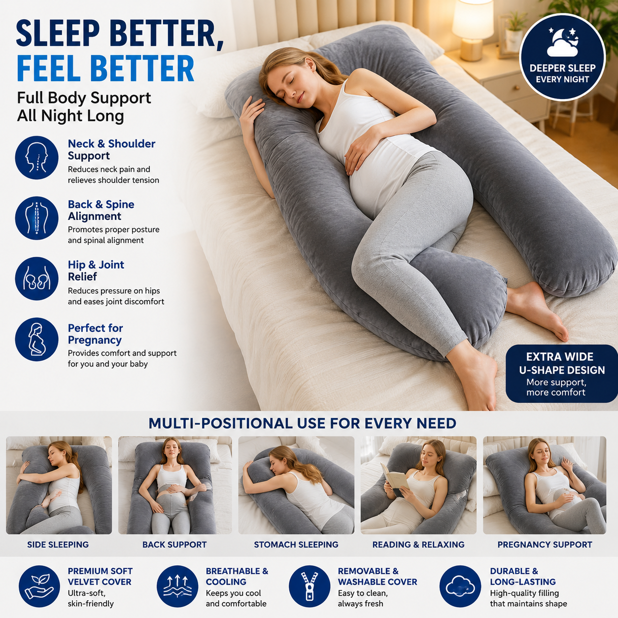 Premium U-Shaped Pregnancy Pillow | Full Body Maternity Support Pillow with Soft Velvet Washable Cover | 152.4cm