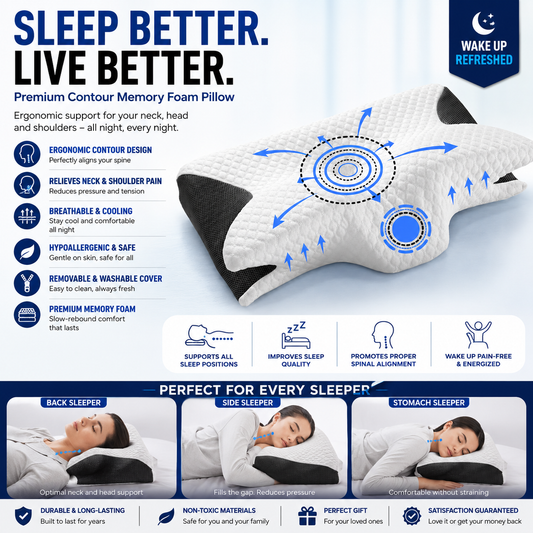 Contour Memory Foam Pillow | Butterfly Shape for Head & Neck Support | Ergonomic Design for All Sleepers | Removable Washable Cover