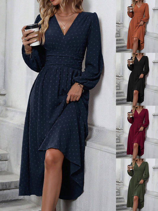 medium fur ball diagonal collar lantern sleeve pleated waist dress